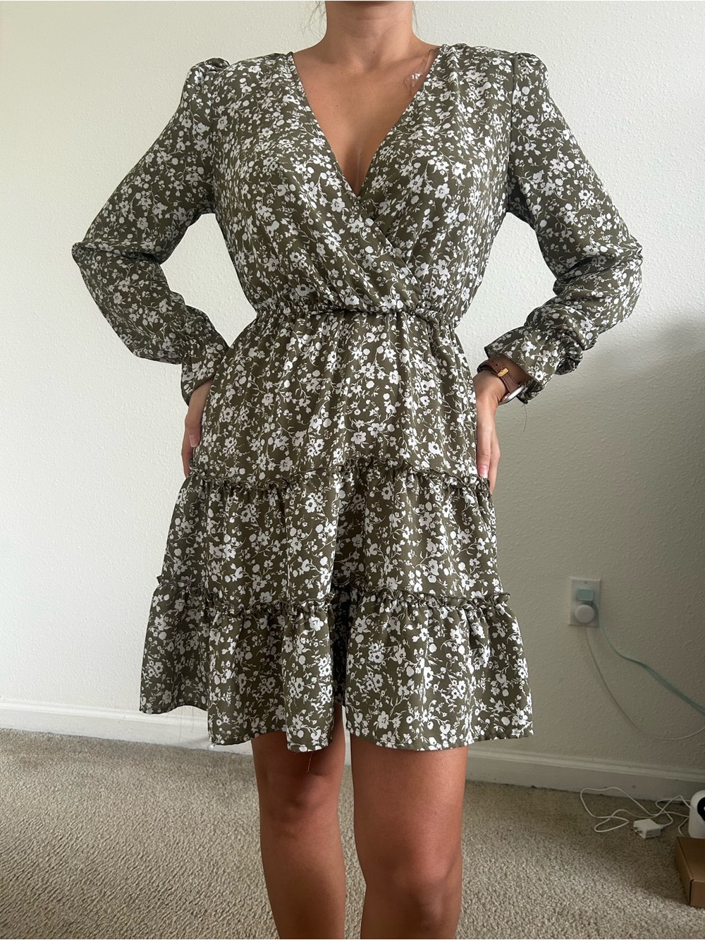 Inspired Hearts Olive Green Floral Tiered Wrap Dress